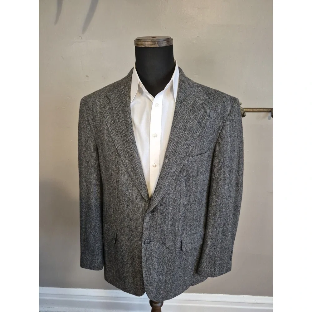 Croft & Barrow Vintage 44R Gray Wool Herringbone Blazer Mens 2 Button Sport Coat